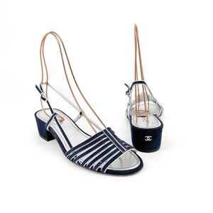 Chanel CC Strappy Slingback Sandals Block Heel Navy Blue Silver Size 37 US 6-6.5